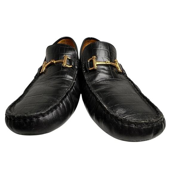 Saks Fifth Avenue Mens Black Croc Embossed Leather Horsebit Loafers Mocs Sz 9.5 - Picture 13 of 16